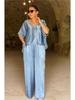 European and American 2024 V-Neck Short-Sleeve Casual Wide-Leg Pants Set