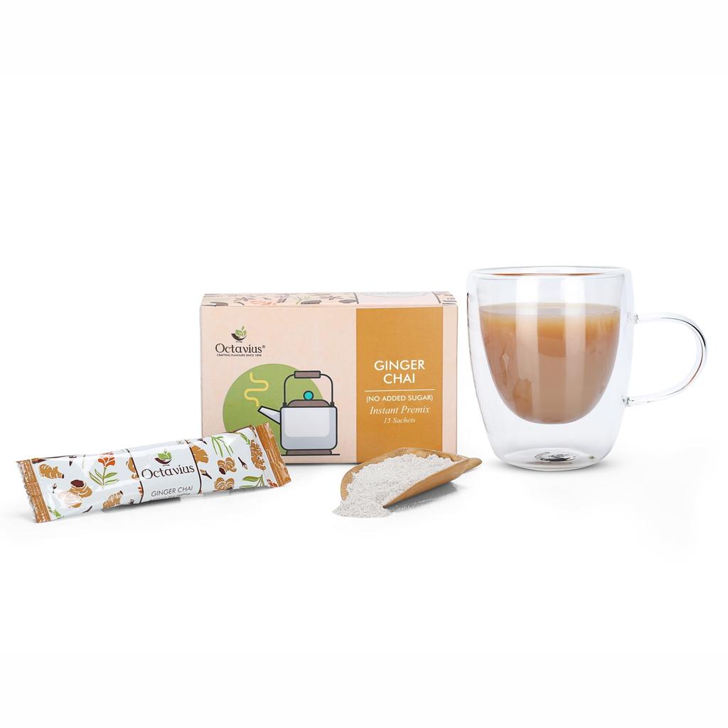 Octavius | No Added Sugar Ginger Premix Tea - 15 Pouches | Adrak Chai | Readymade chai Mix | Low Sugar | Instant Tea | chai masala | 1 Minute Tea