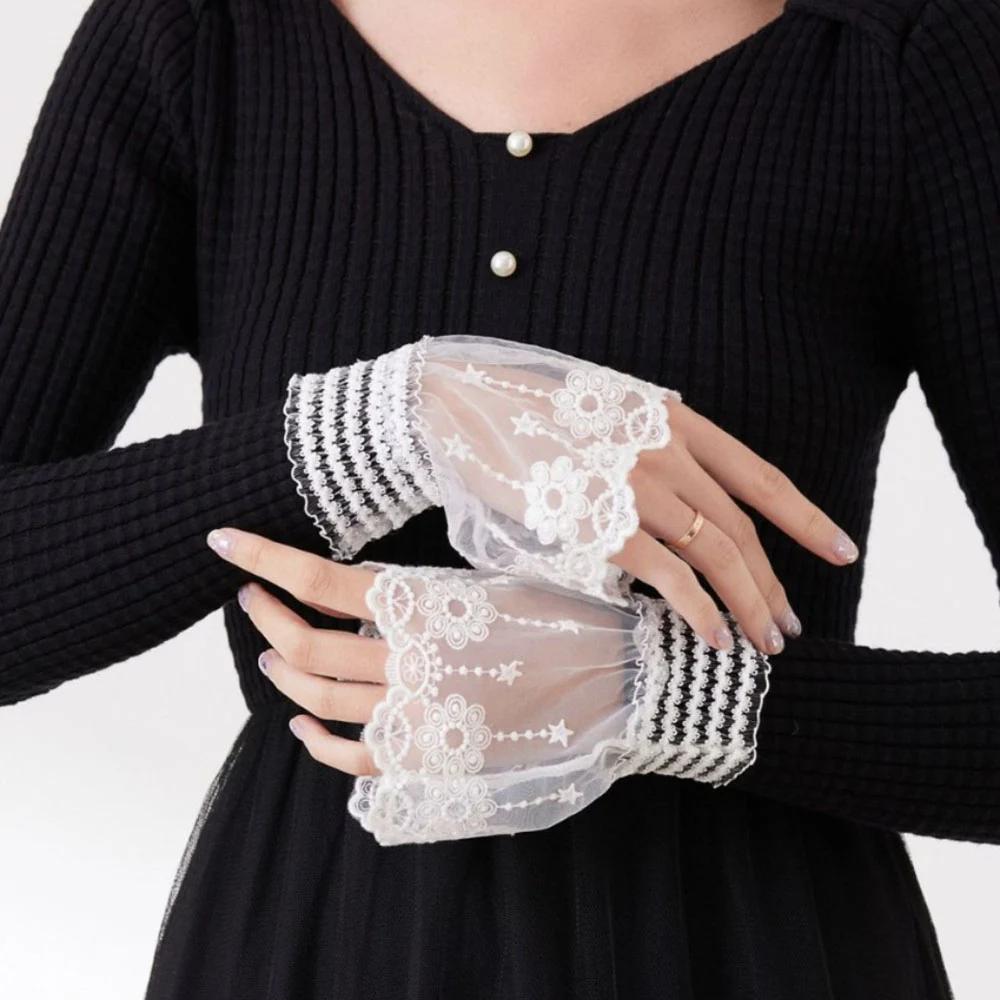 Double Layer Pleated Ruched False Cuffs Sweater Blouse Wrist Warmers 1Pair Detachable Cuffs Lace Flower Mesh Fake Flared Sleeves