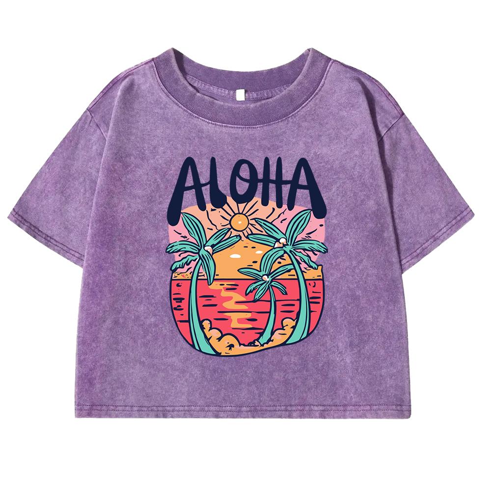 Beach Style Aloha Printing Women T Shirts Washed Fitness Retro Crop Top Summer Sweat Tees Shirt Cotton Tee