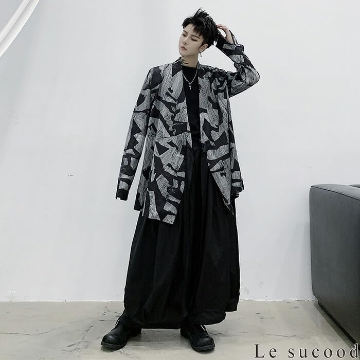 Le Sucood Monochrome Mosaic Japanese Style Shirt Long Long Shirt Loose Casual Japanese Long Street Mode Harajuku Blue Letter Style Cardigan, Shirt,