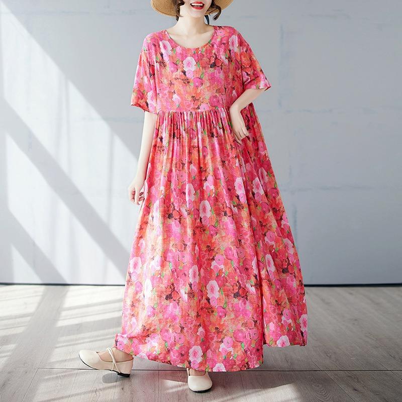 Summer New Simple Bohemian Long Dress Fattened and Enlarged Short-sleeved Crew Neck Printed Dress Women's Clothing