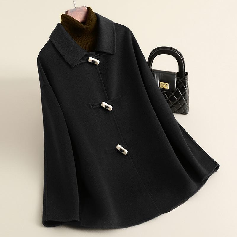 Autumn horn button woolen coat female college style small medium and long woolen coat high-end female