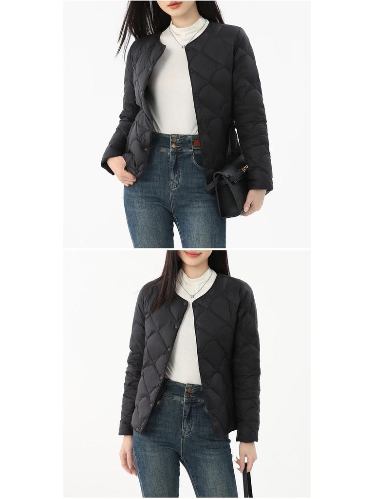 Women's Lightweight Round Neck Down Jacket – Fashionable Plus Size Thin Style with 90% Duck Down Filling.