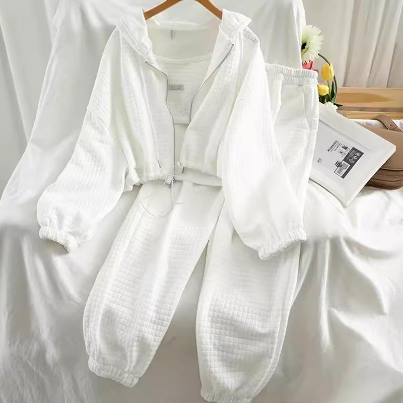 Women's 2024 Autumn/Winter Casual Waffle Hooded Cardigan & Wide-Leg Pants Three-Piece Set