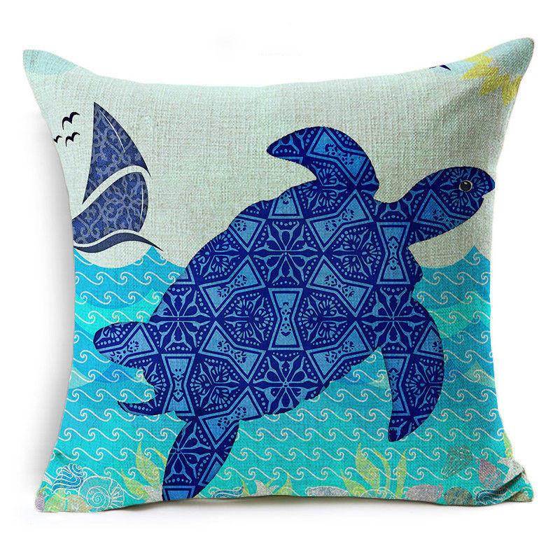Exquisite 18" Blue Sea Animal Cotton Linen Cushion Cover For Stylish Living Spaces