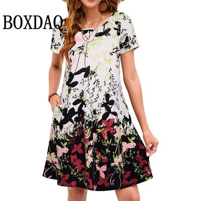 Letnia Sukienka Damska 2025 Nowa z Nadrukiem Kwiatów 3D Casual Luźna z Okrągłym Dekoltem Vintage Moda Duże Rozmiary Krótki Rękaw Ubrania 9XL