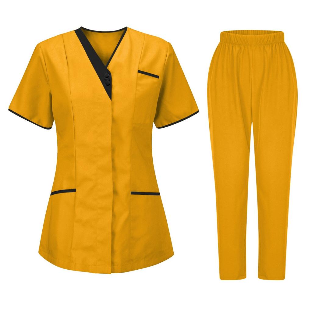 Women's Uniforms Quick Dry Fabrics V-Neck With Pockets Short Sleeves Long Pants Solid Color Workwear Suit