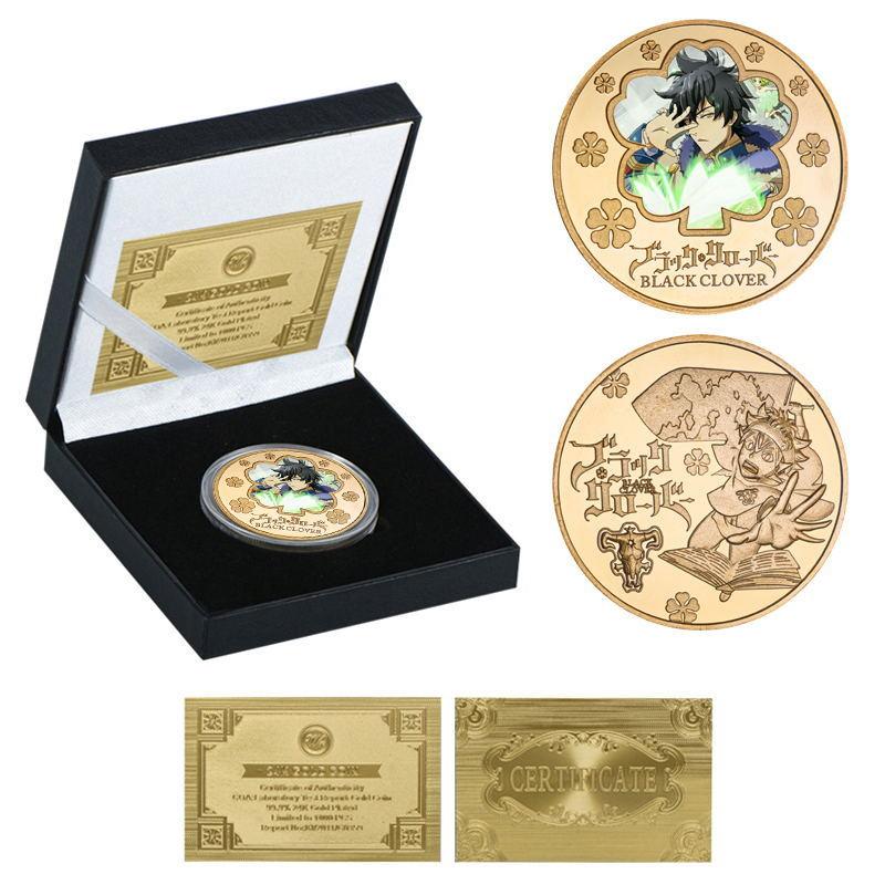 Black Clover Commemorative Coin, Anime Coin Peripheral Commemorative Coin, Die Cast Metal Coin, Badge Gift, Gift Box Set 40mm