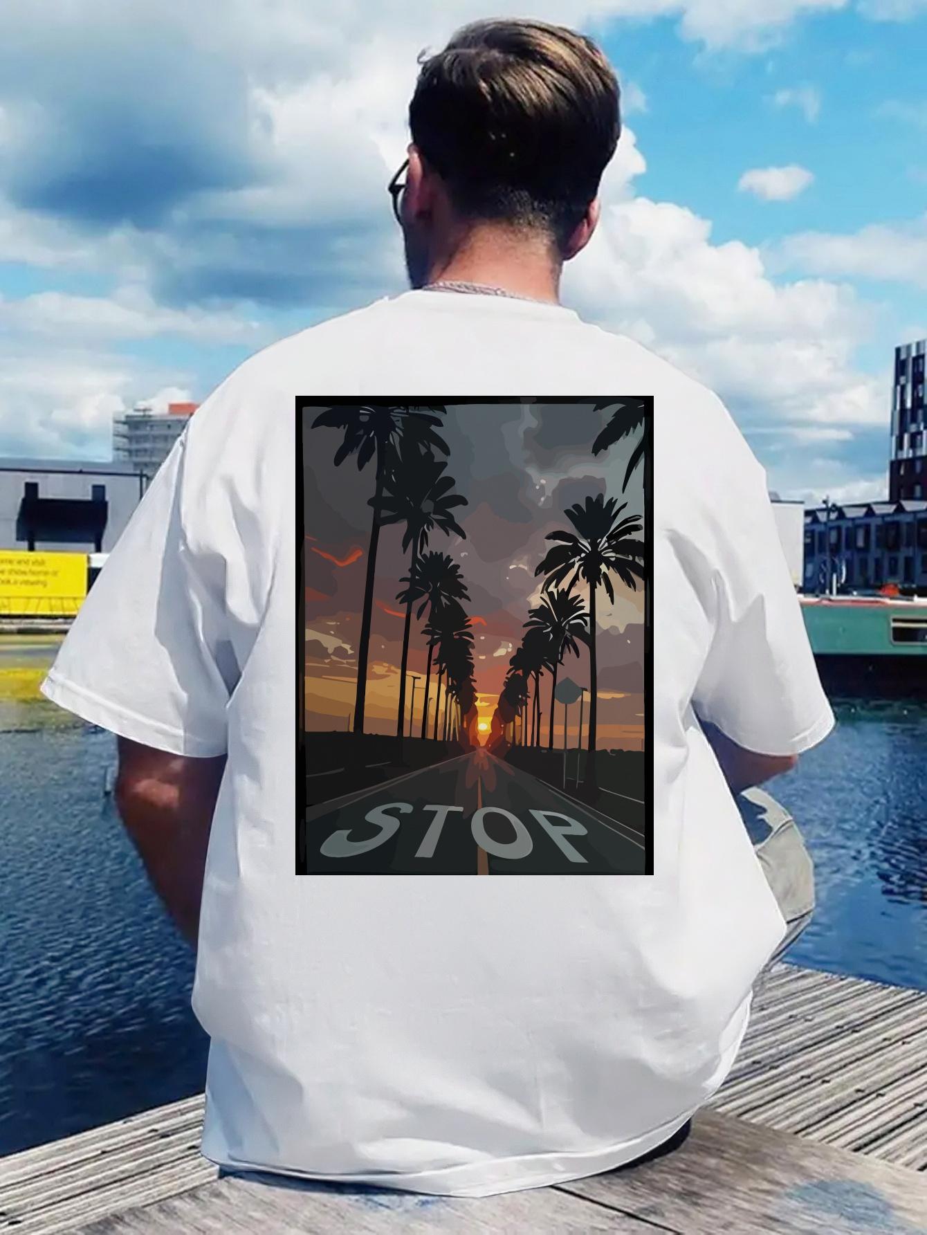 Summer Beach Print T-shirt - Casual Polyester Crew Neck L