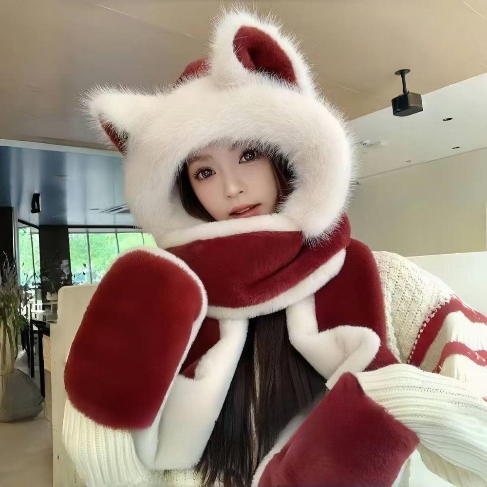 High-end Ankara Red Wolf Ears Plush Hat Scarf Women's Boutique Knitted Women's Hat