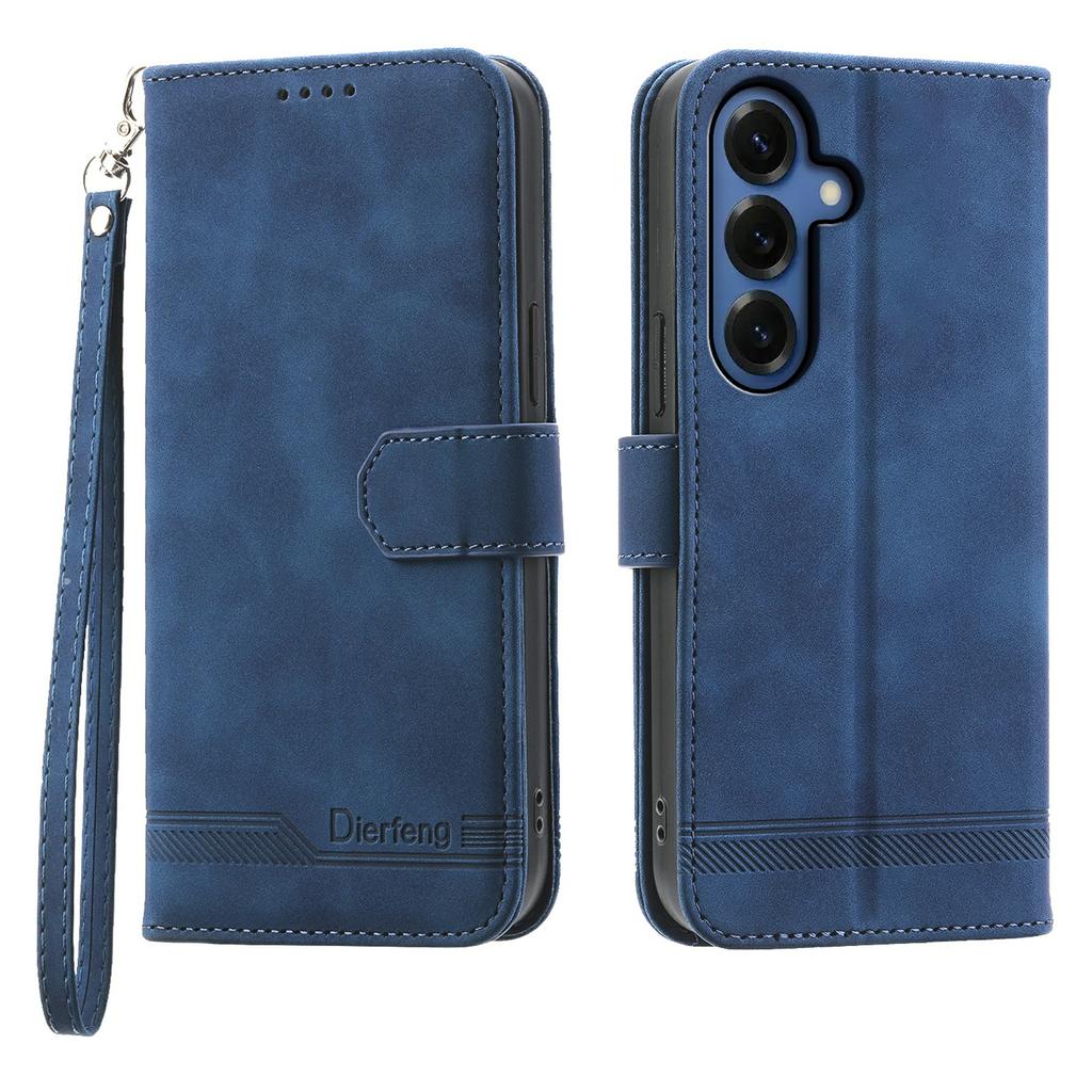 DIERFENG DF-03 For Samsung Galaxy S26+ Case Lines Imprint Wallet Leather Phone Cover with Wrist Strap