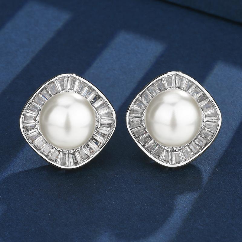 Jewelry Copper Bottom Gold-Plated Inlaid White Pearl Square Set Women 16-12Mm