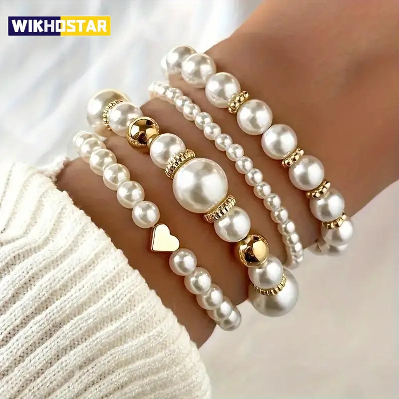 New 4 Pcs/Set Imitation Pearl Beaded Bracelets Set for Women Fashion Gold Color Heart Big Pearl Bracelet Trendy Jewelry Gifts