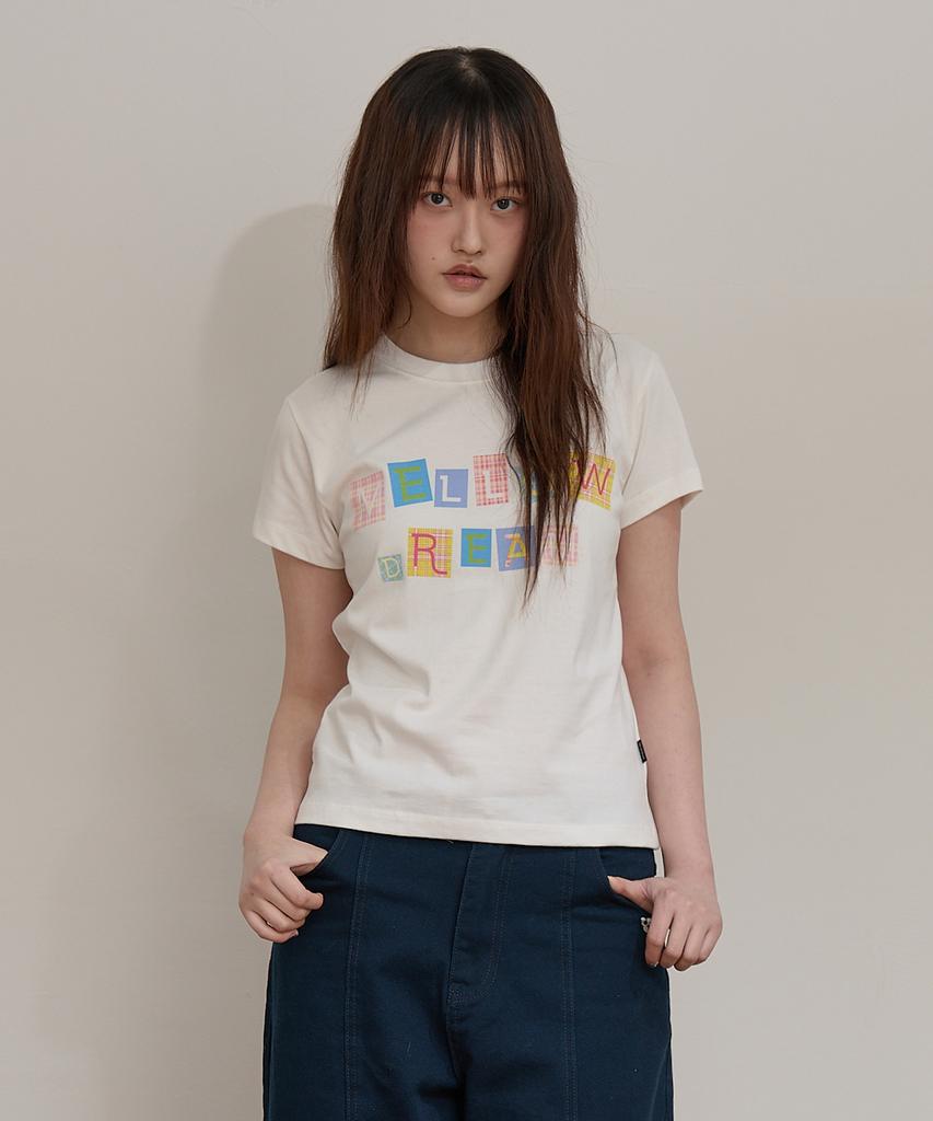 WAIKEI Mellow Dream Check Letter Short Sleeve T-Shirt Ivory