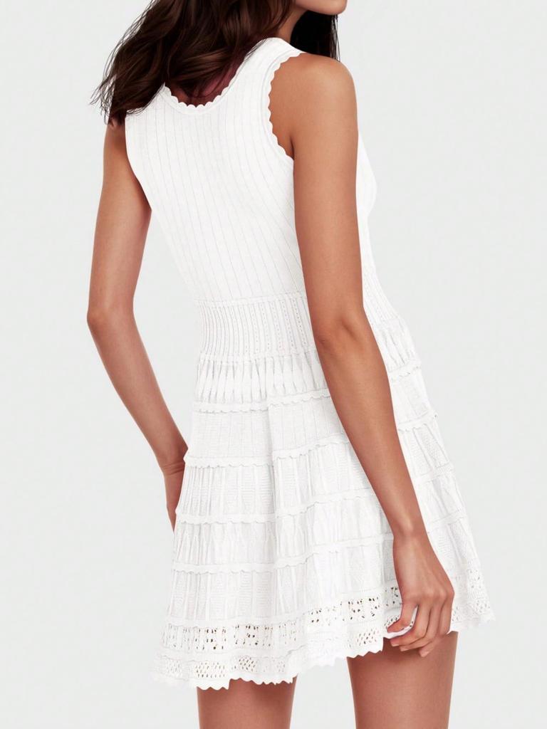 Women's Summer Tank Mini Dress Crew Neck Crochet Hem Flowy Knit Dress