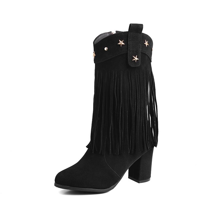 

Женские короткие сапоги на высоком каблуке осень и зима новые короткие сапоги на толстом каблуке большого размера с бахромой 52 чёрный