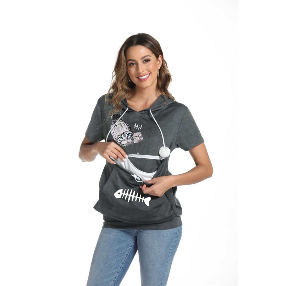 Women's summer short-sleeved large pocket cartoon printed casual drawstring hooded T-shirt