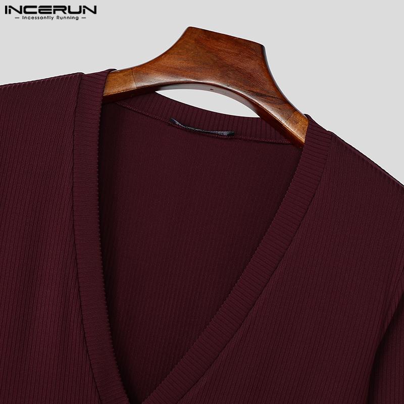 INCERUN Men Deep V Neck Long Sleeve Tops Knitted Fitted Undershirts