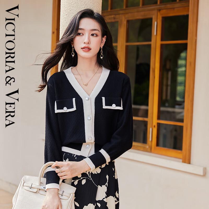 

VICTORIA&VERA Women s V-Neck Color Block Knit Cardigan L