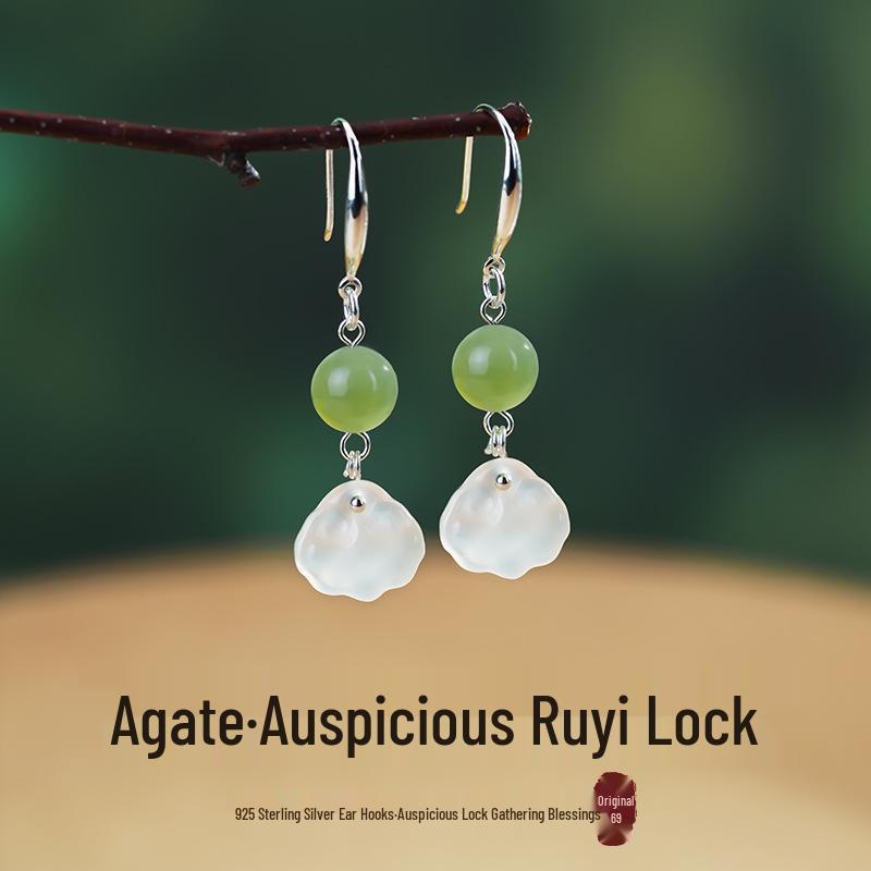Sterling Silver Jade Earrings: Ancient-Inspired Women's Qipao Accessories with Peace Lock Design