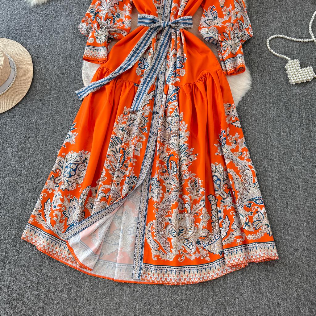 Vintage Langes Kleid für Damen, Frühling, Herbst, Blumendruck, Robe, Stehkragen, elegant, einreihig, Schnürgürtel, plissiertes Maxikleid