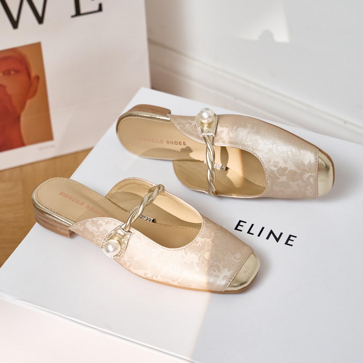 

Кожаные полутапочки, крутые тапочки, женские туфли без задника в китайском стиле, ленивые туфли на толстом каблуке, летняя обувь, туфли-мюли с закрытым носком для женщин 40 абрикосовый