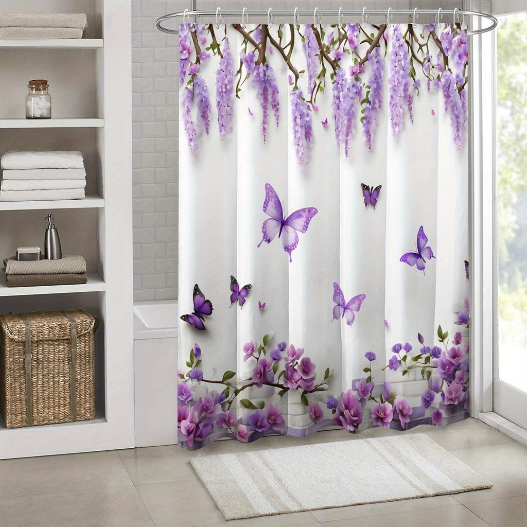 1pc Purple Flower Butterfly Printed Shower Curtain, Windows and Walls Bathtub Bathroom Home Decor Shower Curtain