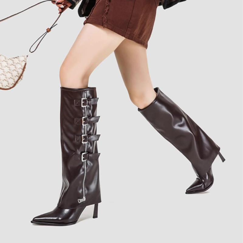 Fashion Runway style Fashion Patent Leather Belt Metal Buckle Women Motorcycle Knee-High Boots Autumn Winter High Heels Long Boots Shoes
