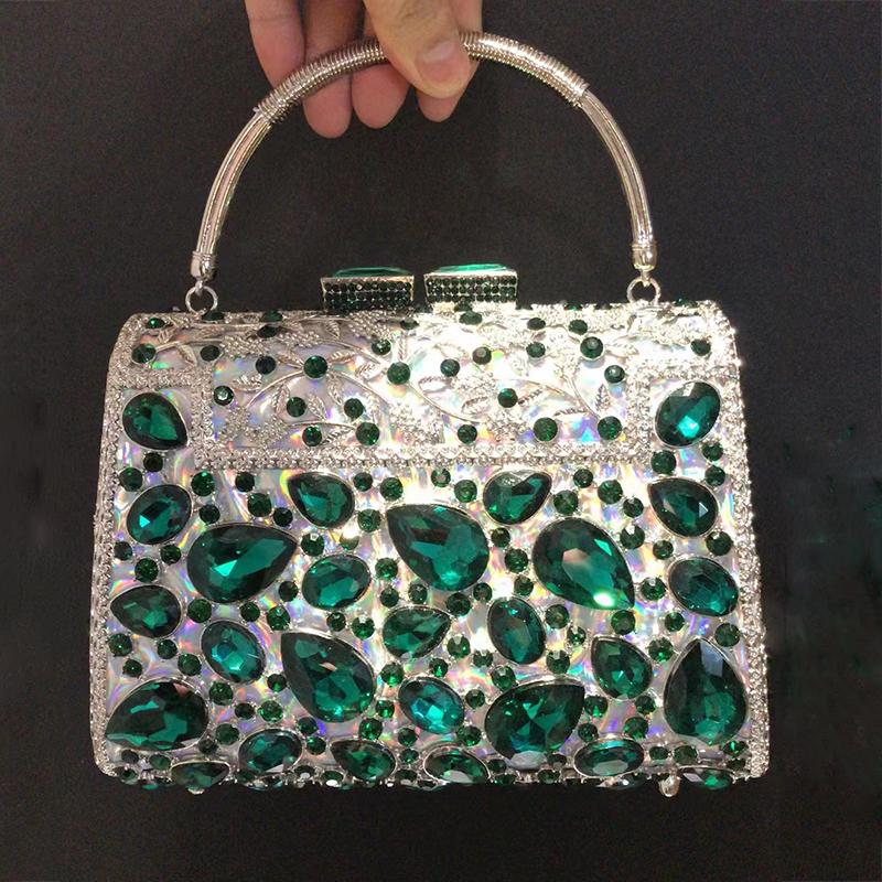 WHTUOHENG Green Diamond  Evening Clutch Handbag Girls Big Rhinestones For Women Rose Red Purses Ladies Party Prom Lady Bags
