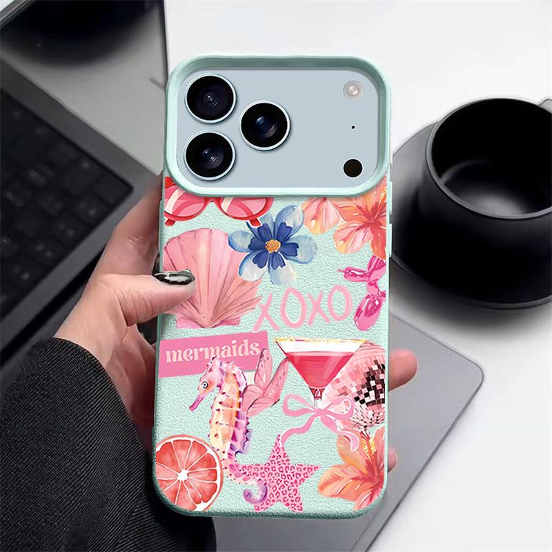 For iPhone 17 Pro Max Case Luxury Pink Cartoon Floral Pattern Leather Texture Silicone Cover For iPhone 16 Pro Max 15 14 13 12 11 16E Air