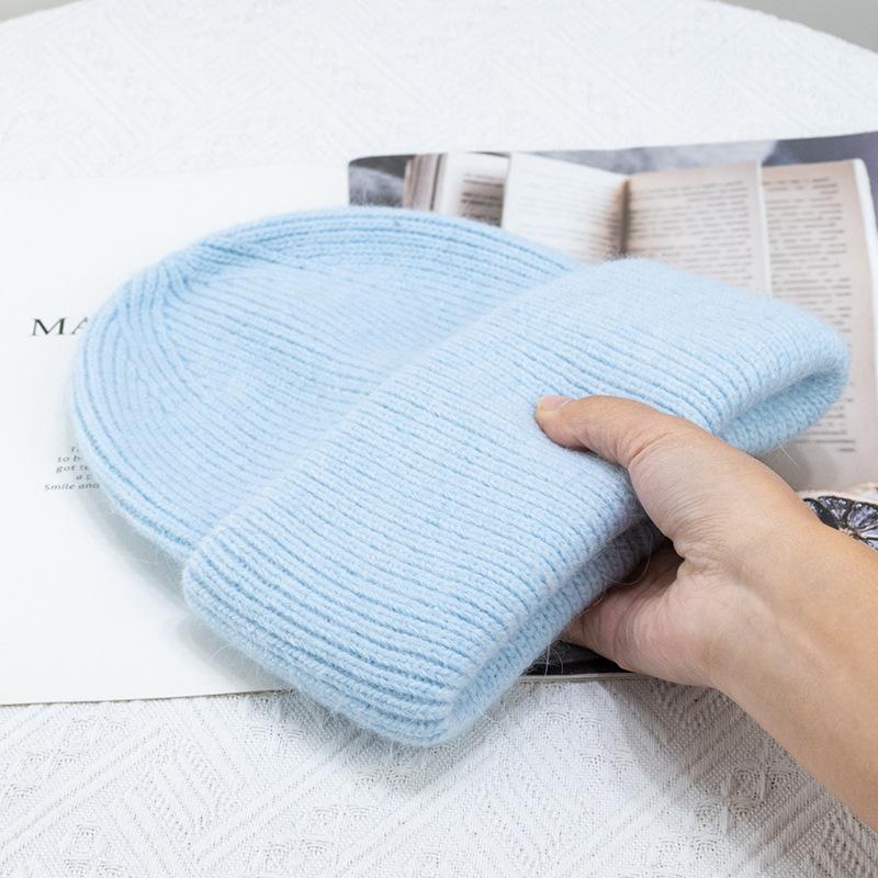 Chapéu longo de malha de pele de coelho feminino outono inverno chapéu de lã elegante chapéu grosso pulôver