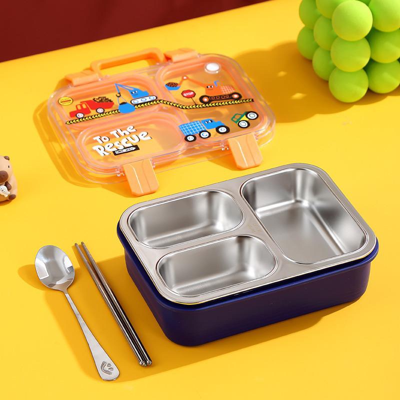304 Stainless Steel Insulated Lunch Box with Handle - Cartoon Style, Three Compartments, Sealed Bento Box for Students and Work Meals.
