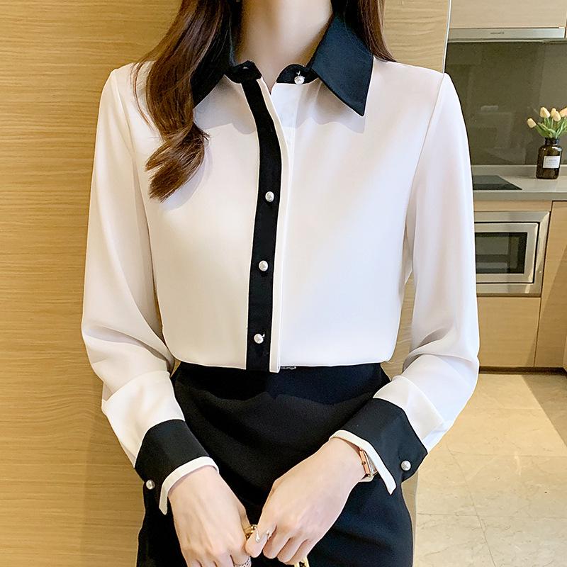 2026 Spring Korean Style Silk Color Block Long Sleeve Women's Fashion Shirt