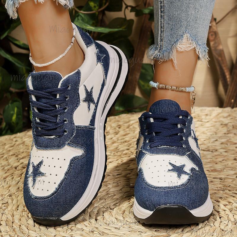 Fashion Patchwork Platform Sneakers Women Star Canvas Thick Bottom Vulcanized Shoes Woman's Breathable Lace Up Shoes Tenis De Mujer