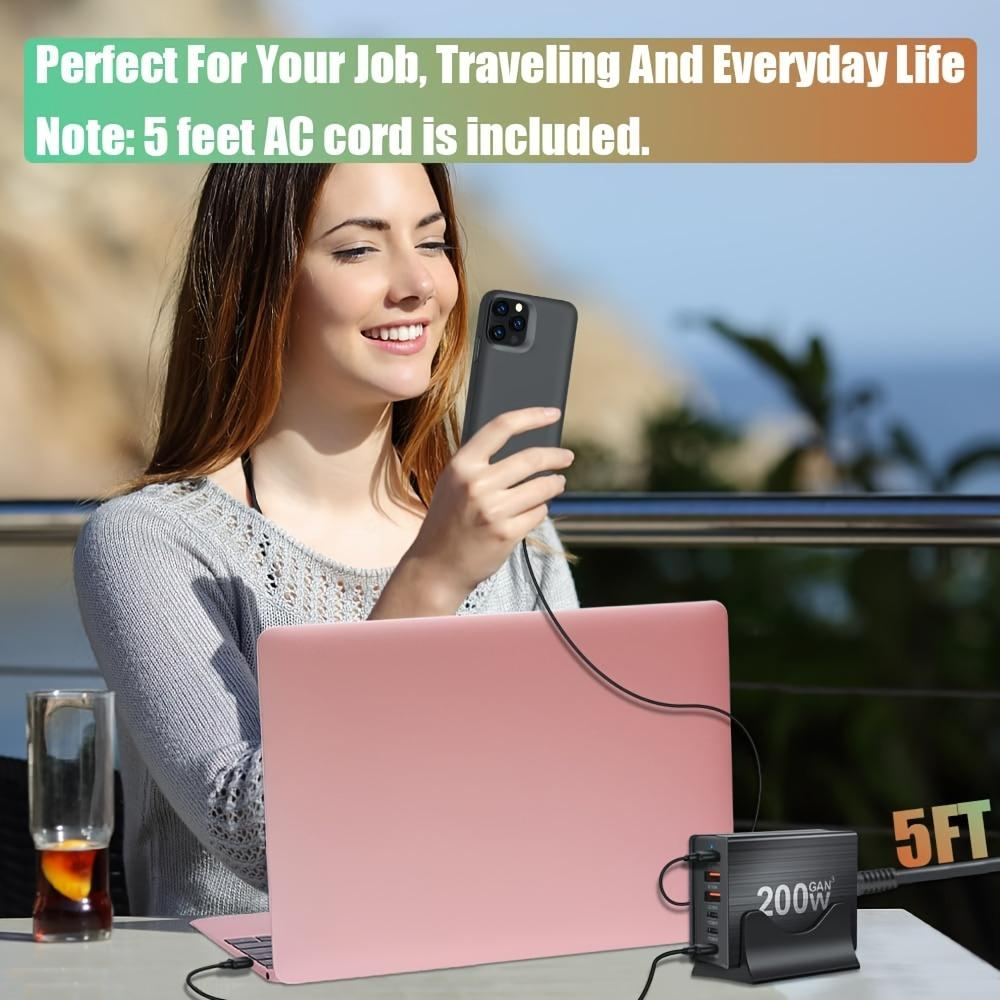 Stație de încărcare rapidă GaN 200W cu 6 porturi, încărcător USB C, încărcare rapidă QC PD 3.0, încărcător rapid Type C pentru IPhone 16/15/14/13 Pro MacBook