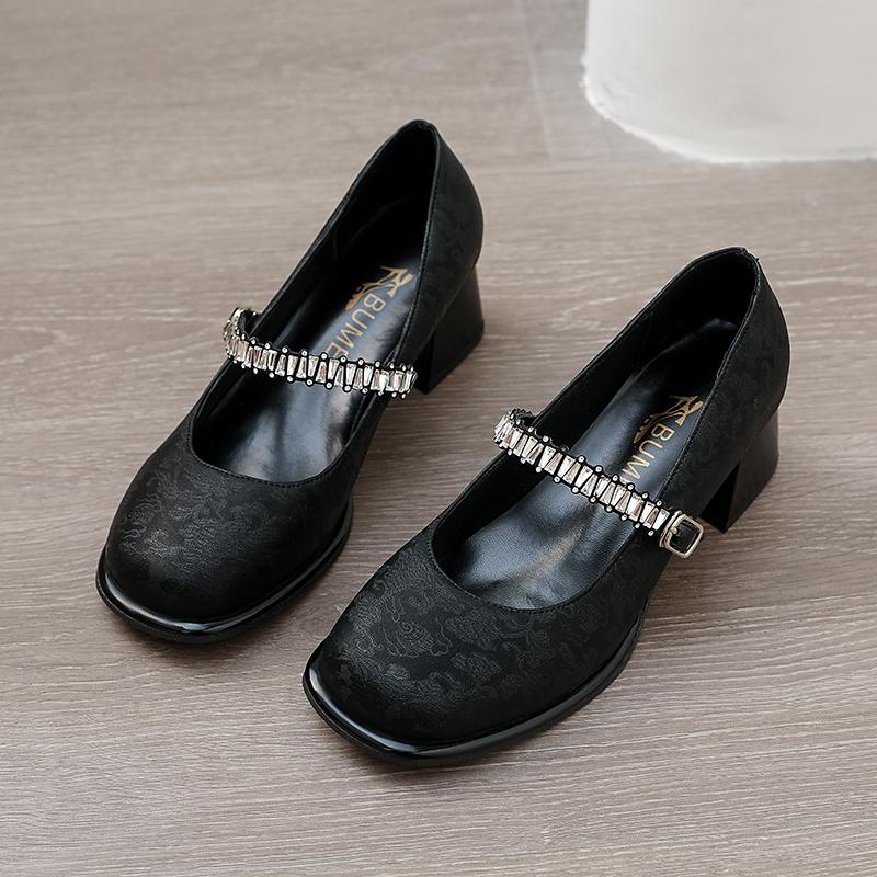 Crystal Flower Women High Heels Shoes 2025 New Trends Shallow Chunky Mary Janes Shoes Autumn Elegant Fashion Dress Pumps Zapatos