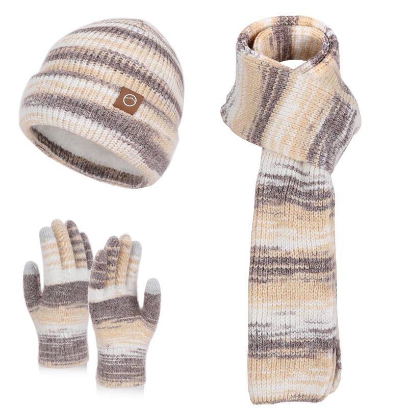 Winter Outdoor Warm Fashion Knitted Hat Women's Gloves Hat Scarf 3-Piece Set