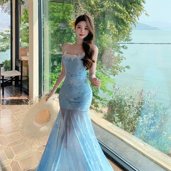 Spring Ballet Vacation Style Super Fairy Lace Splicing Suspender Skirt Fashionable Sexy Mesh Smudged Floral Fishtail Skirt