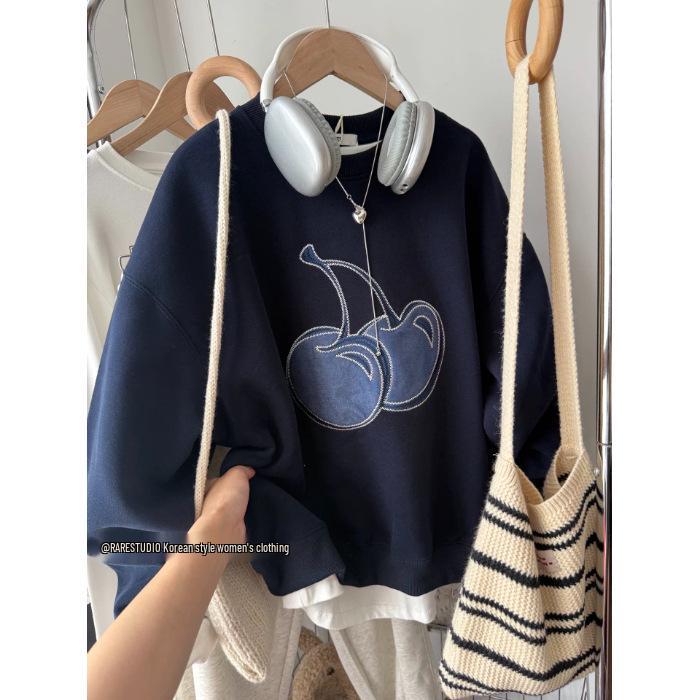 

Plus Size Korean Style Embroidered Velvet Hoodie - Casual, Cute, Versatile for Women (Autumn/Winter) M Темно-синій