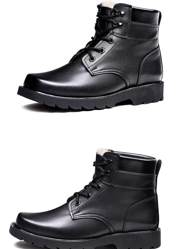 Pánské zimní vlněné kožené bojové boty s ocelovou špičkou a podrážkou – Hřejivé boty Martin s podšívkou ze sametu s vojenským háčkem pro bezpečnost.