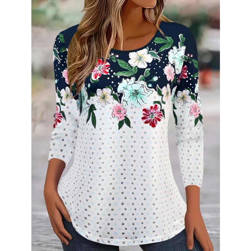 Lebendiges florales 3D-Druck-T-Shirt mit Rundhalsausschnitt und langen Ärmeln, modisches Muster, Damenkleidung, lässige Y2K-Kleidung, Harajuku, Damenkleidung