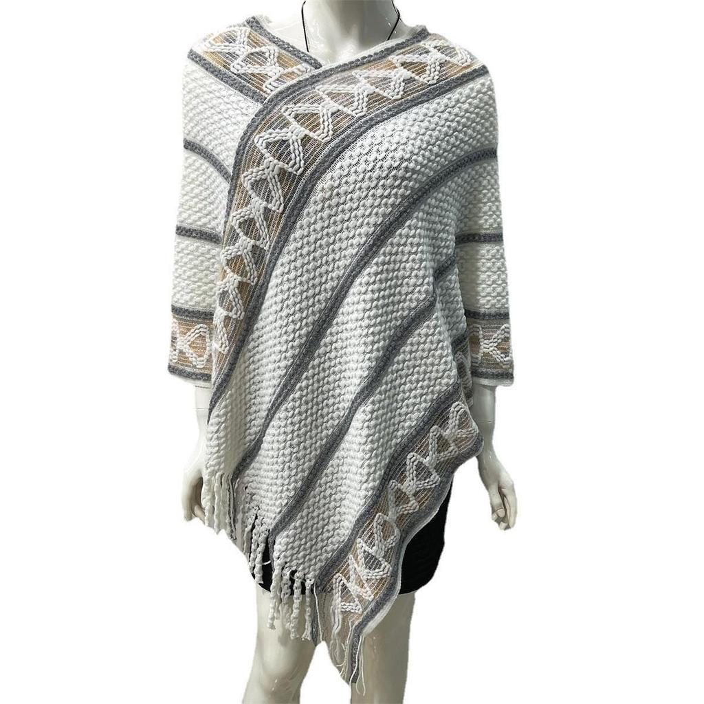 2022 Autumn/Winter Women's V-Neck Rainbow Tassel Cape Sweater