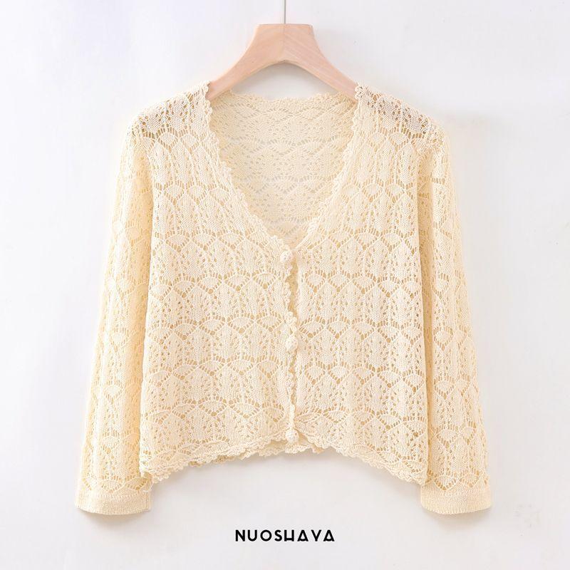Summer Women's Cut-out Knit Sweater Thin Short Three-quarter Sleeve Sunscreen Cardigan