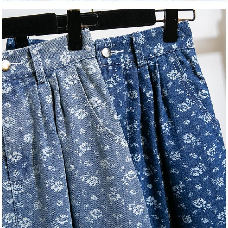 DIMANAF 2025 Übergröße Herbst Winter Damen Lange Röcke Elastischer Bund Unterteile Übergröße Druck Floral Blau Denim
