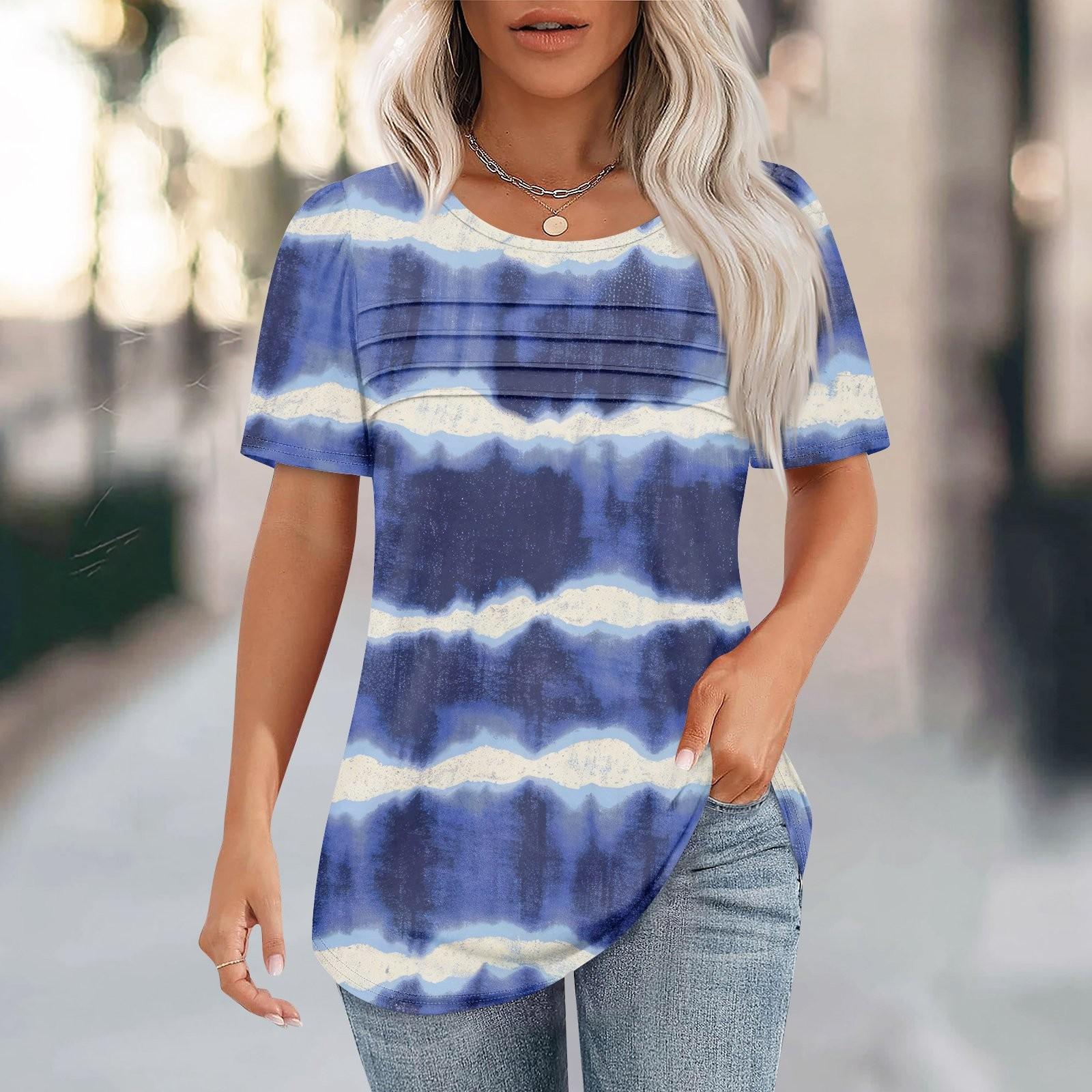 

Футболки для женщин, плиссированные, с круглым вырезом, нарядные, повседневные, блузки с принтом, с коротким рукавом, летние топы, свободный крой L синий