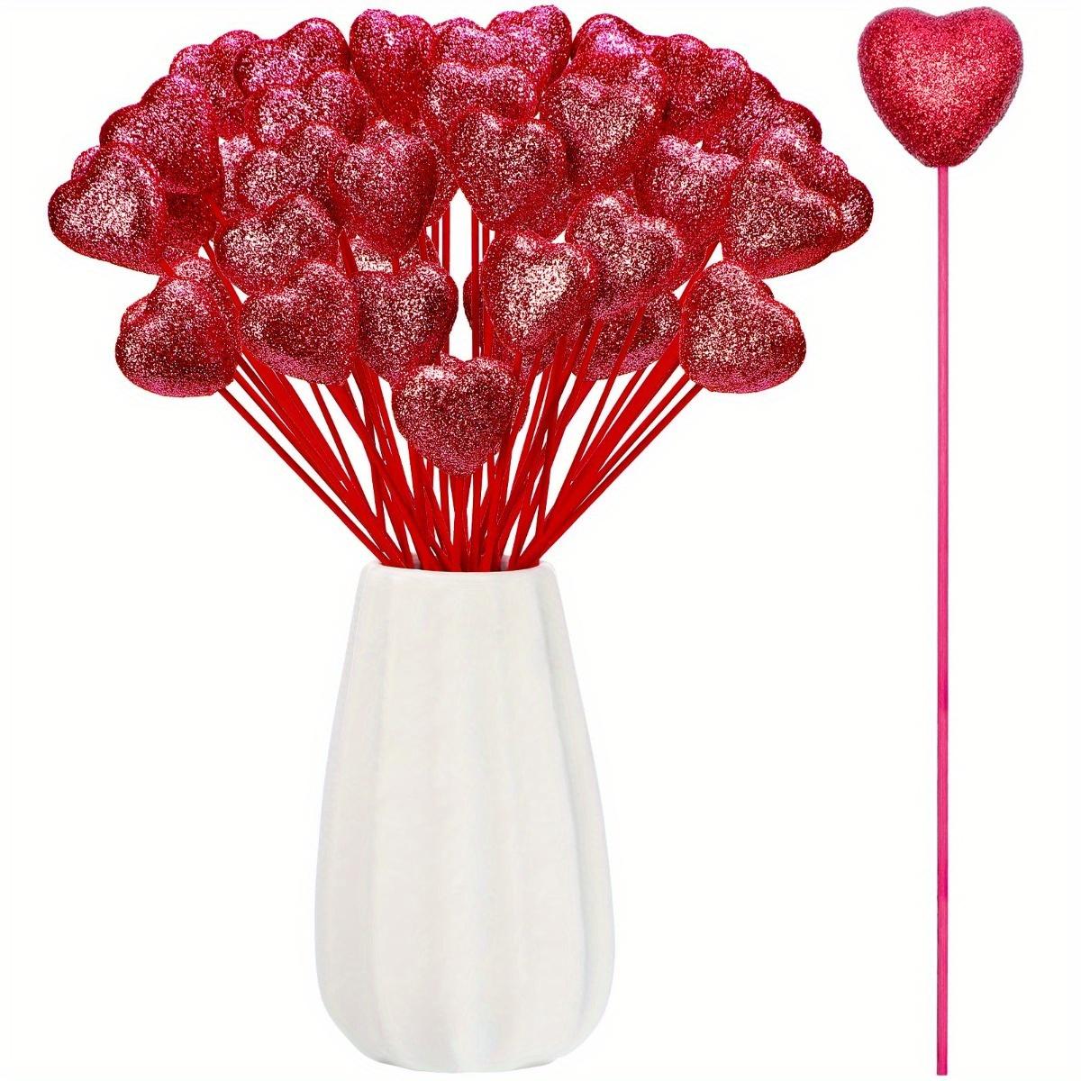 

50 шт. сверкающих сердечек из пенопласта на День святого Валентина, пенопластовые сердечки на ножках, деревянные блестящие сердечки, объемные сердечки для цветочных композиций ко Дню святого Валентина красный