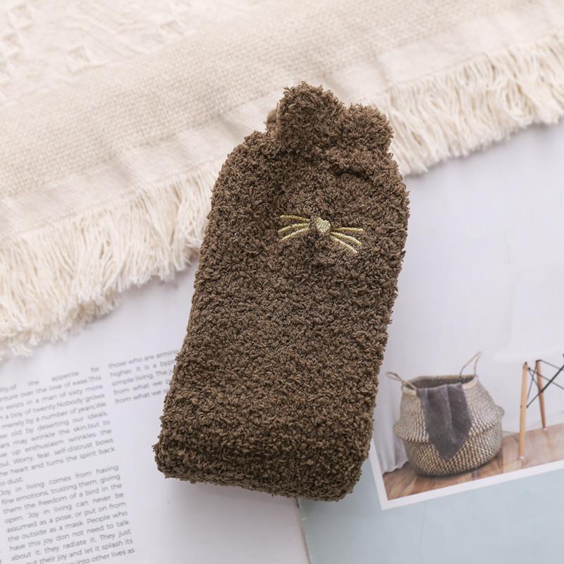 

Japanese Coral Fleece Women S Socks Embroidered Cat Sleep Socks Mengmeng Love Home Floor Socks Ears Cartoon Socks One size оливковое зеленый