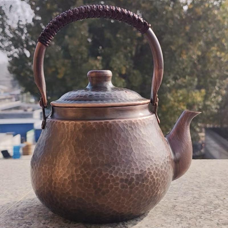 Vintage kávovar z čisté mědi, Ručně kovaný s texturou tkaniny, Přenosný, 1200 ml, Zesílený, Tepelně odolný, Konvice s filtrem, Ručně vyrobená čajová konvice