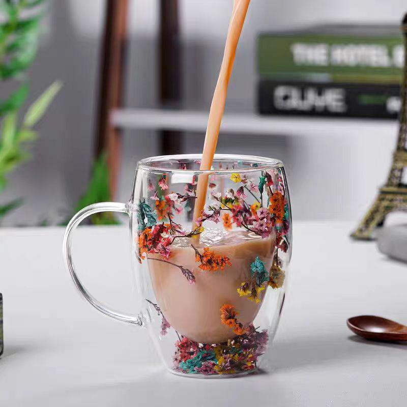 High-value Double-layer Glass Cup with Real Dried Flowers - Heat-resistant with Handle for Tea, Coffee, or Milk.